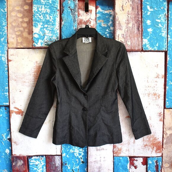Women's STAR CCC Button Blazer Collared V-Neck Shoulder Pads MEDIUM Dark Gray - Picture 1 of 10